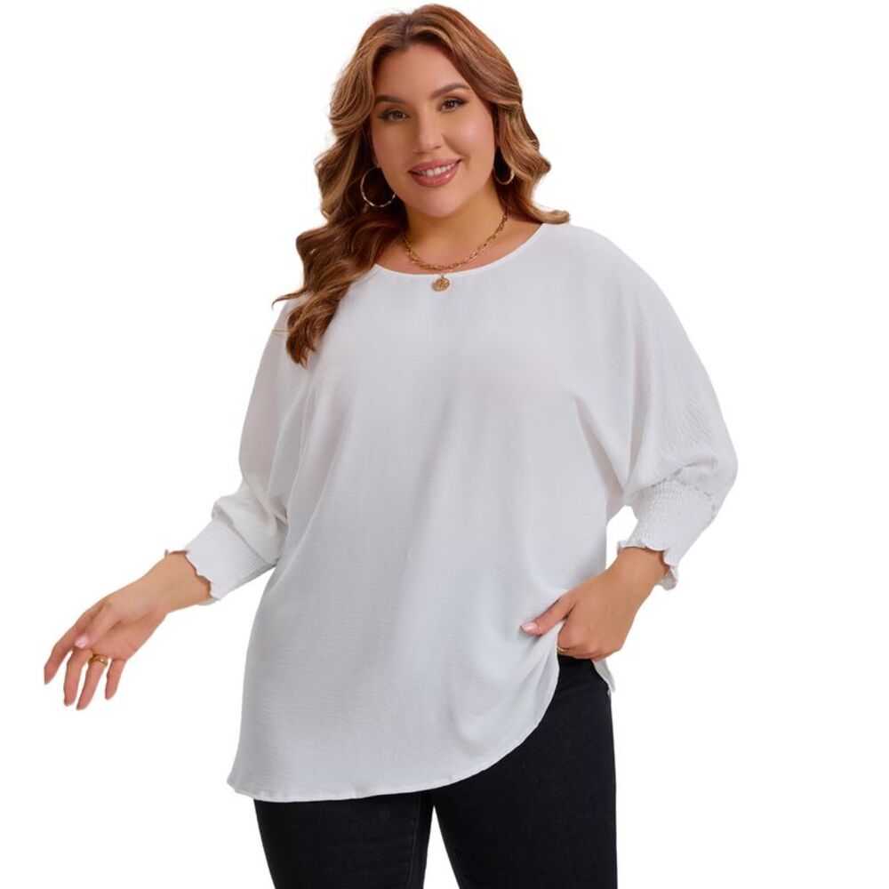 Plus Size Chiffon Tops Batwing Ruffle Elbow Sleeve Loose Shirts White